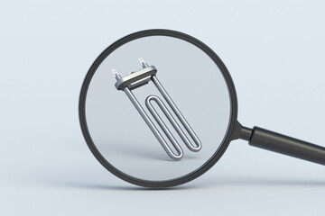 Tubular electric heating element behind magnifying glass. 3d render