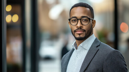Fototapeta premium Confident Professional Portrait: A portrait of a young, successful businessman, sharply dressed in a grey suit and glasses, exuding confidence and competence.