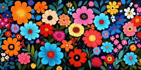 Fototapeta premium Playful Petal Mix featuring quirky sunflower buds, shooting stars, and freesia in a vibrant cartoon look