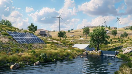 Hybrid renewable energy system combining solar panels, wind turbines, and a small hydroelectric generator