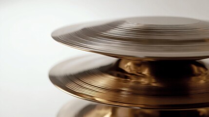 Obraz premium Pair of shiny cymbals stacked and isolated against a white backdrop with a focus on their circular grooves