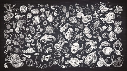 Whimsical Creatures and Abstract Designs on Dark Background