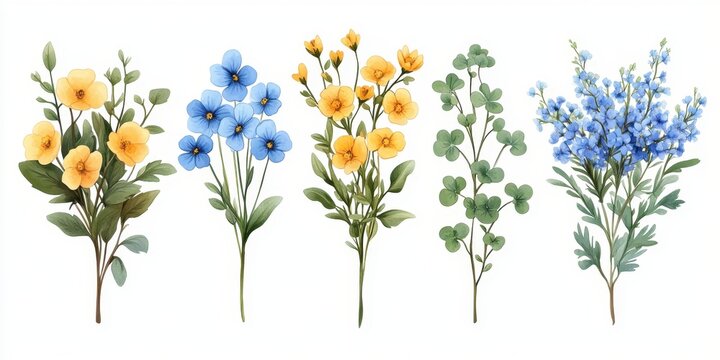 Cartoon Bouquet set various floral arrangements with yellowbells, zigzag clovers, and alpine forget-me-nots blossoms.