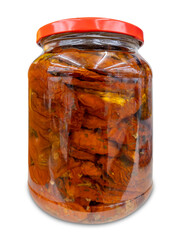 Sundried tomatoes in oil in glass jar with red cup cut out