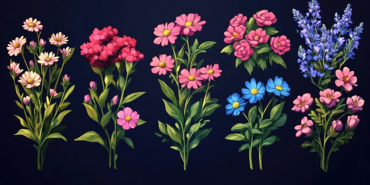 Cartoon Bouquet set various floral arrangements with scabiosas, tansies, and ursinias blossoms.