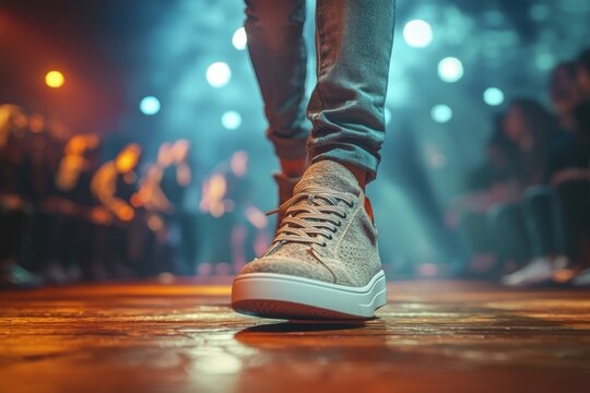 Person walking confidently on a glossy stage in trendy sneakers, bathed in dramatic stage lighting, with a blurred audience adding to the excitement and energy of a live performance.