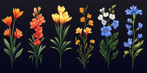 Obraz premium Cartoon Bouquet set various floral arrangements with crocuses, gladiolus, and morning glory blossoms.