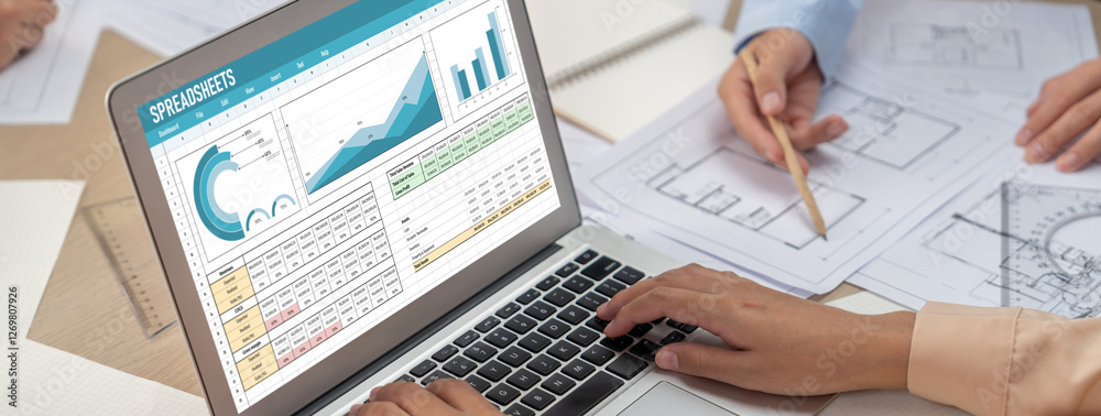 Poster spreadsheet document information financial startup concept. data and graphs in spreadsheet documents
