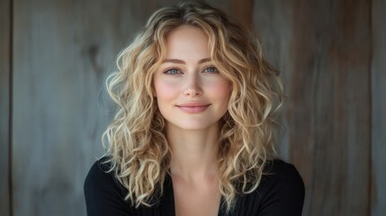 Fototapeta premium Smiling blonde woman with curly hair in studio