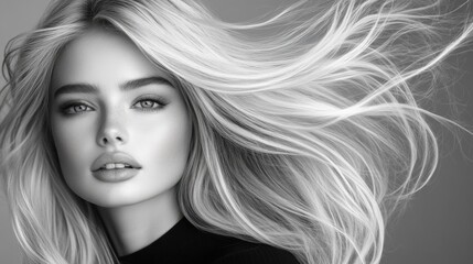 Naklejka premium A woman with long blonde hair and a black top. She has a smile on her face. The image is black and white