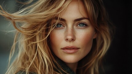 Naklejka premium A woman with long blonde hair and blue eyes is standing in front of a dark background. She has a natural, relaxed expression on her face