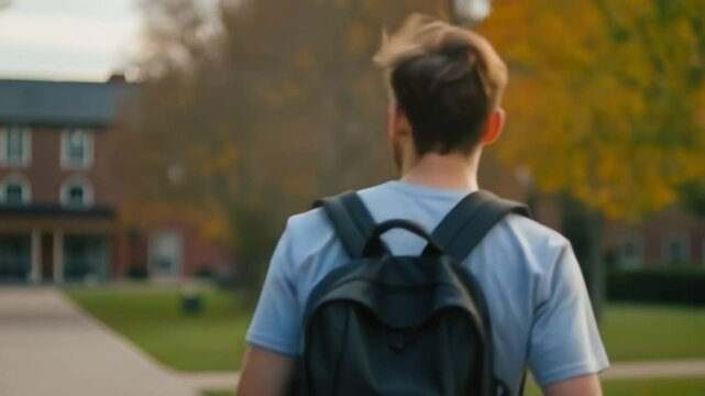 Young male college student walking to class on a university campus, back view