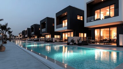 Obraz premium Modern villas, poolside evening, luxury resort