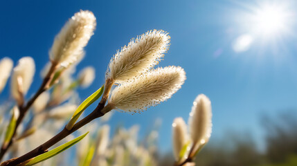 Fototapeta premium A close-up of a willow branch swaying in the wind against a bright blue sky, with space for text.