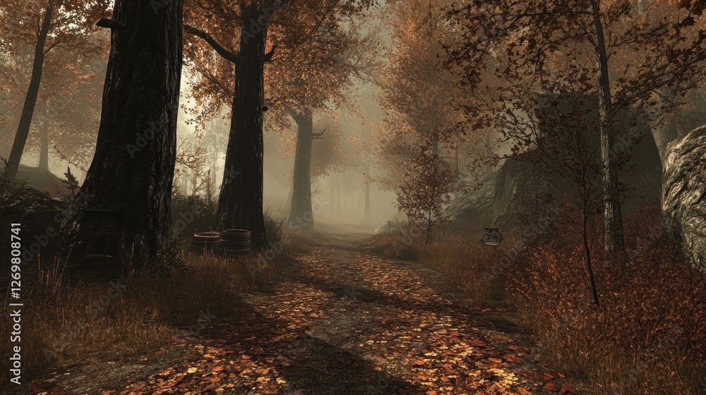 Poster autumn forest path covered with fallen leaves and fog