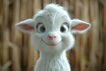 Cute animated baby goat with big eyes and fluffy fur smiles warmly at the viewer in a cozy setting