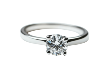 Elegant solitaire diamond ring on a white background highlighting its brilliance and clarity isolated on transparent background