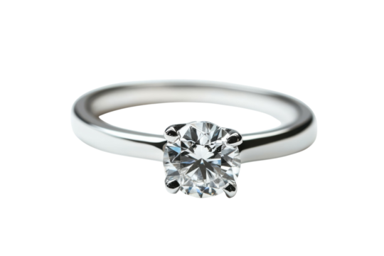Elegant solitaire diamond ring on a white background highlighting its brilliance and clarity isolated on transparent background