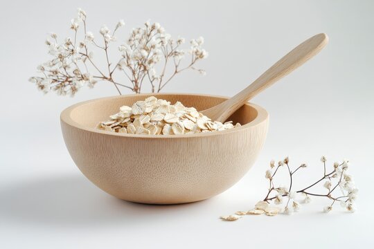 Oat flakes in a wooden bowl with a spoon surrounded by oat spikes isolated on a white background