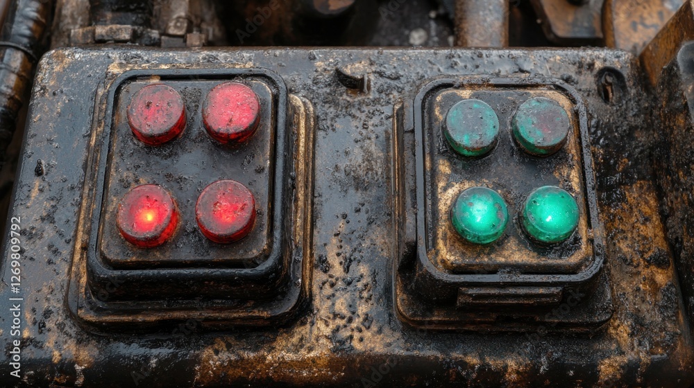 Poster weathered control panel with red and green lights