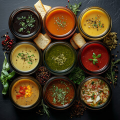 Flat Lay of Gourmet Soups in Glass Jars