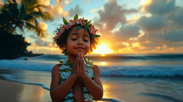 Polynesian girl prays on the seashore during sunset surrounded by nature and beauty