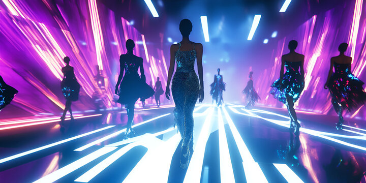 Fashion show runway with models showcasing designs in neon-lit environment, futuristic fashion display with glowing lights, Models walking on futuristic runway in neon lighting

