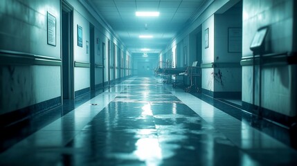 Obraz premium Deserted hospital corridor, bloodstains, eerie atmosphere, film setting