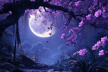 Orchids in purple bloom on trees