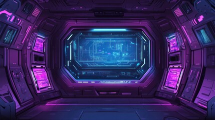 Obraz premium Futuristic spaceship interior with neon lights and advanced technology display