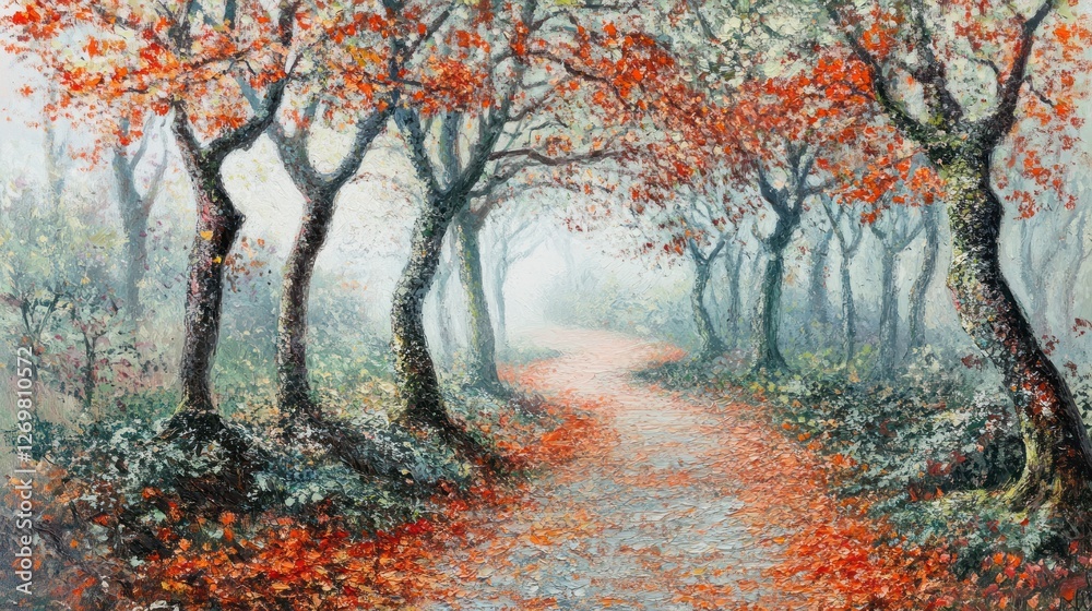Poster A winding path through an autumn forest in misty weather