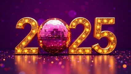 Golden numbers 2025 with disco ball on festive background