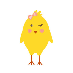 Cute yellow chick wears a pink bow, embodying the festive spirit of Easter isolated on white vector illustration