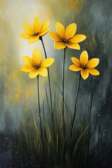 Obraz premium Delicate Yellow Wildflowers on Gray Background, Watercolor Floral Illustration With Tiny Stars