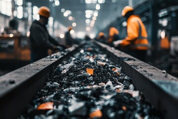 Workers Sorting Waste Materials in an Industrial Recycling Facility. Generative AI