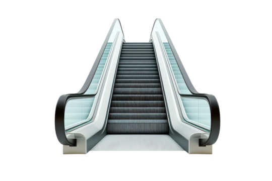 A modern escalator leading to a bright space in a contemporary urban setting isolated on transparent background