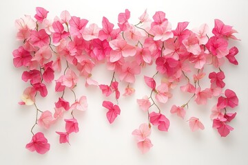 Obraz premium Pink bougainvillea blooms against a white backdrop Lush flowers on a wall Tropical plants