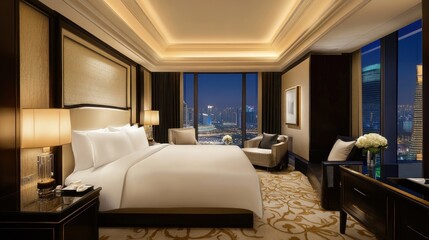 Fototapeta premium Luxury Hotel Suite with Stunning City View at Night and Elegant Interior