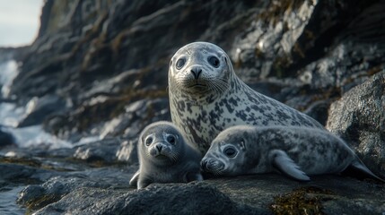 Fototapeta premium Group Of Seals Lounging On A Sunlit Beach