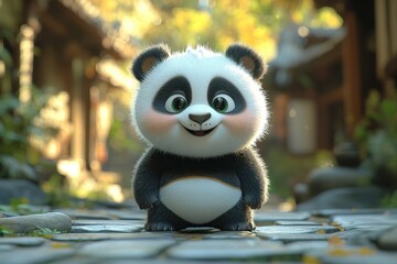 Fototapeta premium Cute panda character in a tranquil garden setting surrounded by lush greenery and wooden structures