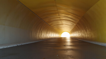 Illuminated tunnel, golden light at the end, concrete walls, curved ceiling, smooth floor, symmetrical perspective, vanishing point, long hallway, underground passage