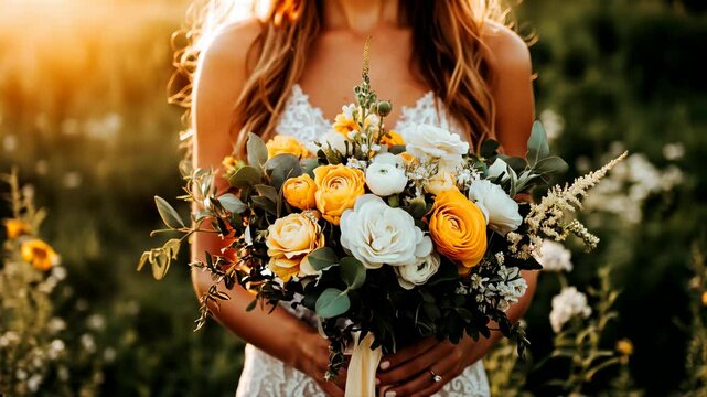 A bride poses gracefully in a sunlit field filled with wildflowers. She holds a stunning bouquet of yellow and white blooms. The warm glow of the setting sun enhances the romantic atmosphere.