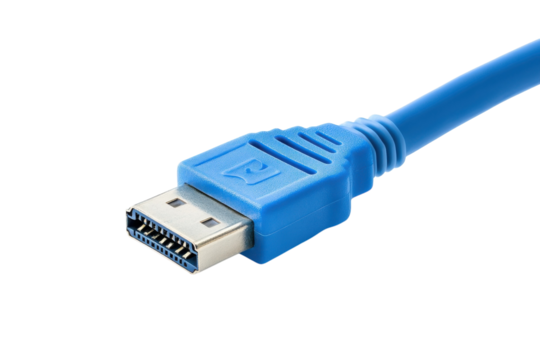 Blue USB cable detail close-up showcasing technology connection over white background isolated on transparent background