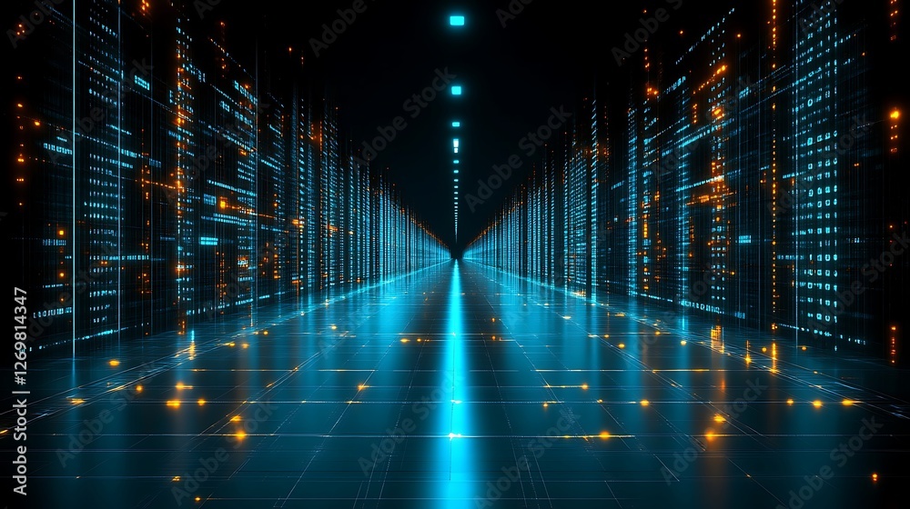 Poster abstract digital corridor with data streams and reflective floor
