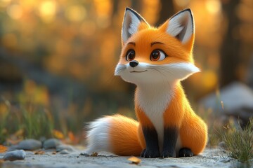 Cute cartoon fox sits on the ground amidst colorful autumn leaves in a serene forest setting
