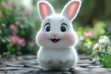 Adorable animated white rabbit with big eyes plays in a colorful garden setting during a sunny day