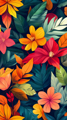 Obraz premium Vibrant Tropical Flowers and Leaves: Colorful Botanical Patterns for a Lush Garden Aesthetic, Nature-Inspired Artwork, Decorative Summer Wallpaper, Elegant Floral Designs in Bright Colors