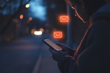 Young woman standing on a bustling city street at night, engrossed in reading emails on her smartphone, illuminated by two glowing notification icons