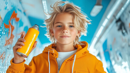 A young boy stands confidently in an artsy urban setting, holdin