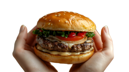 Beef Burger Juicy Sesame Bun with Tomato, Tasty Cheese Lunch for Food Themes, isolated on transparent background.